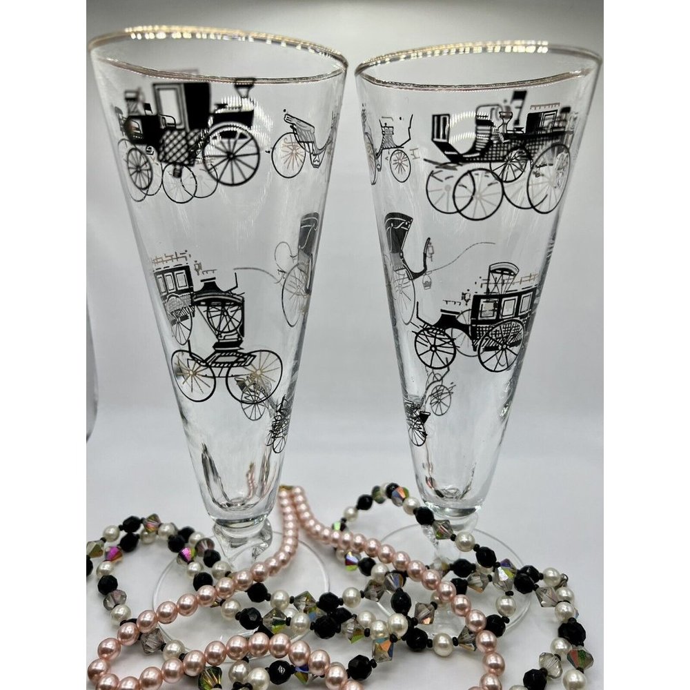 MCM Mid Century Modern Fluted Champagne Glasses Footed Horse Carriage Set Of 2